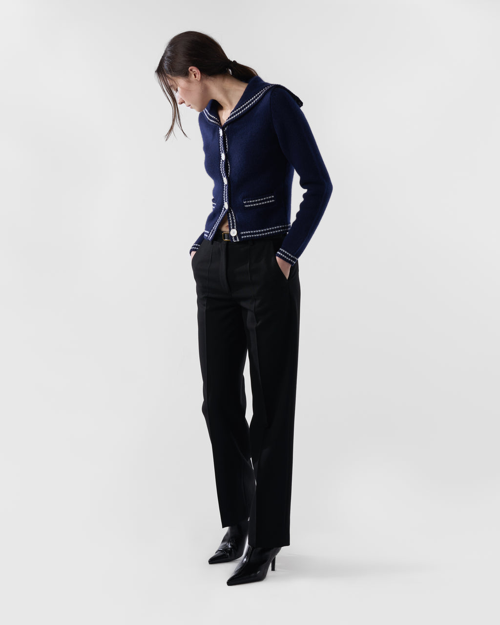 Sailor-Collar Cardigan in British Blue Lambswool