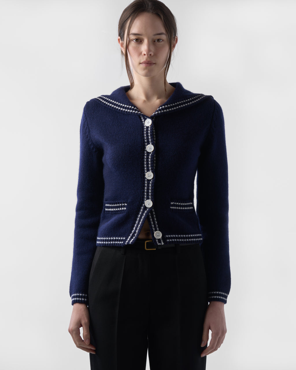 Sailor-Collar Cardigan in British Blue Lambswool
