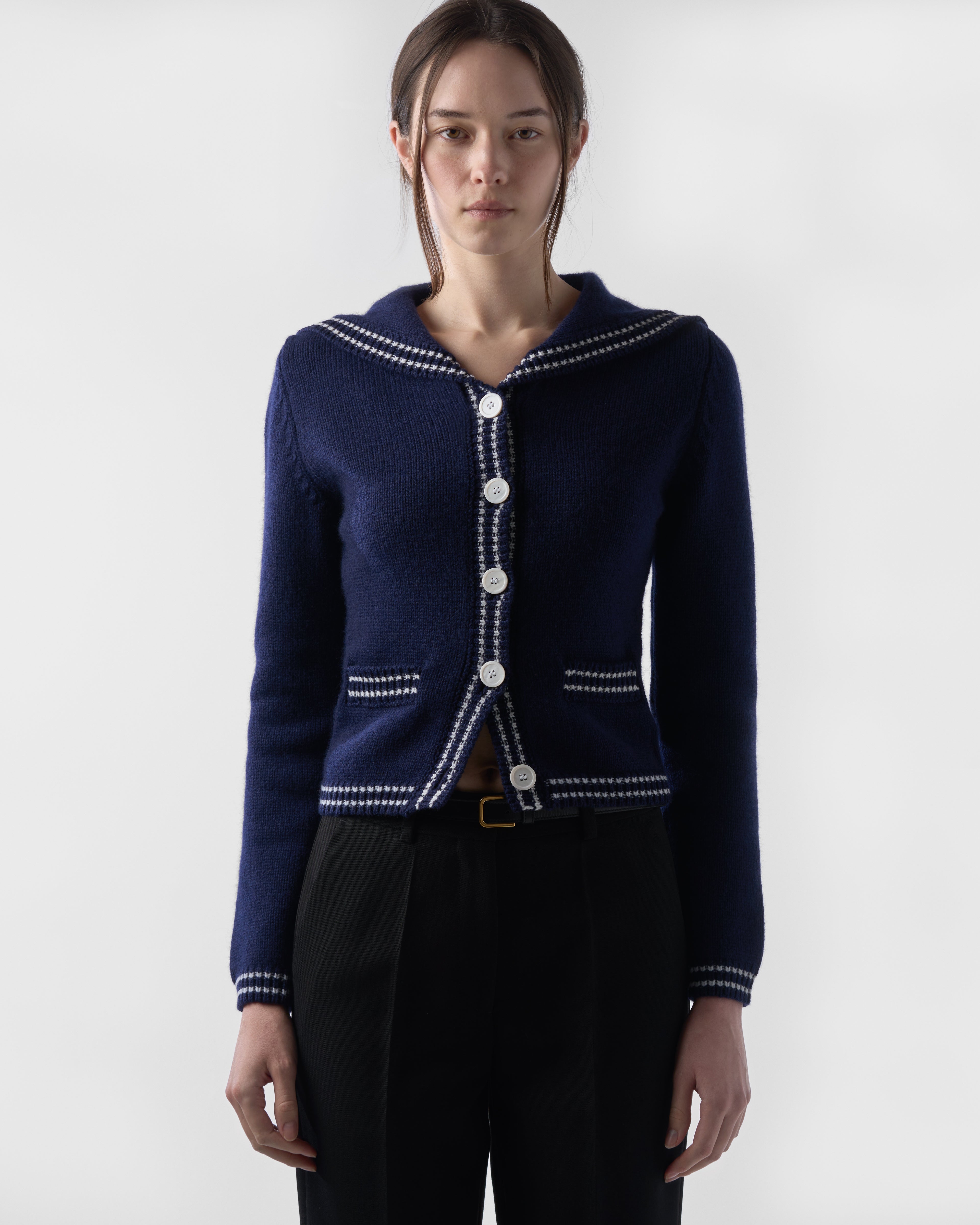 Sailor-Collar Cardigan in British Blue Lambswool
