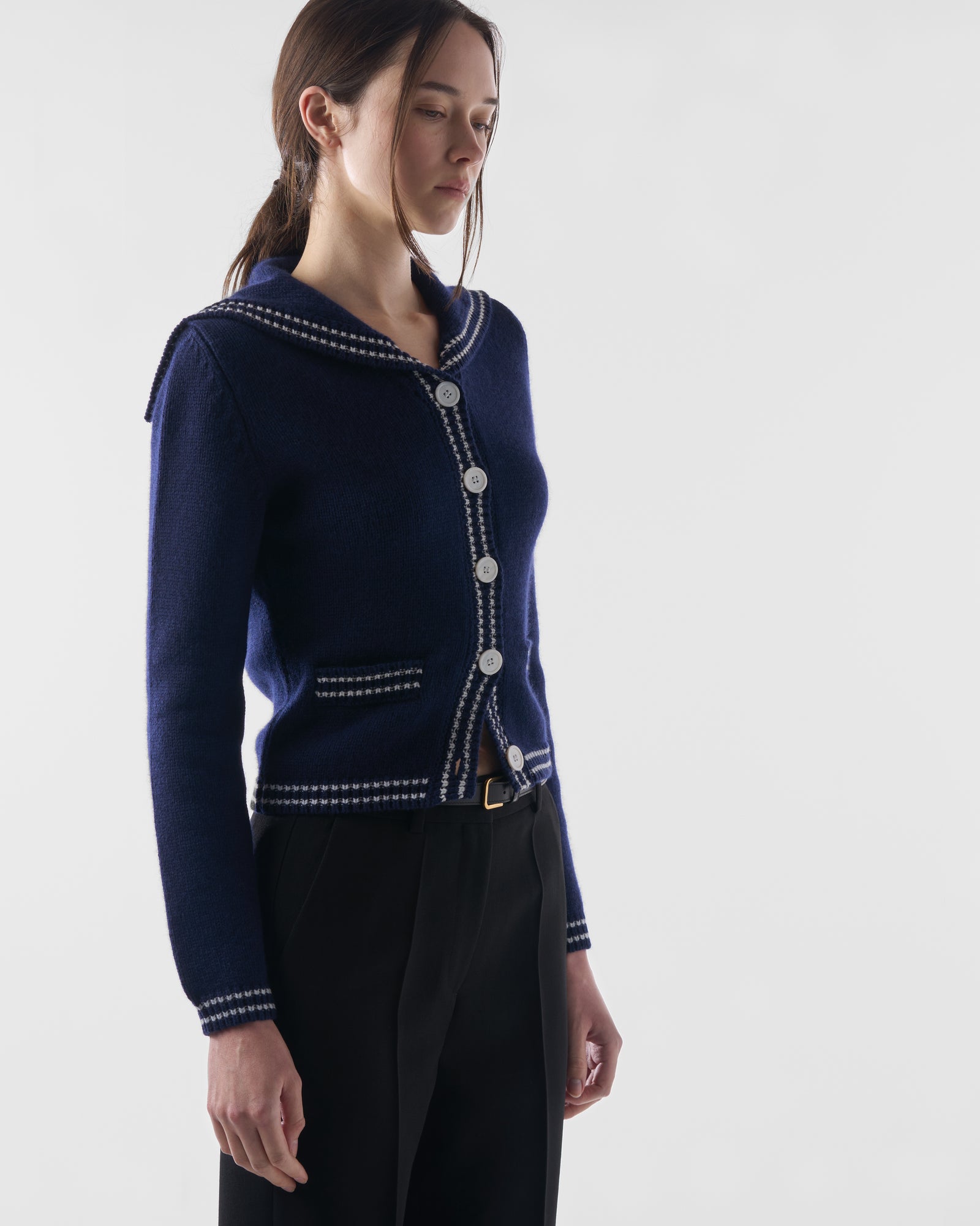 Sailor-Collar Cardigan in British Blue Lambswool