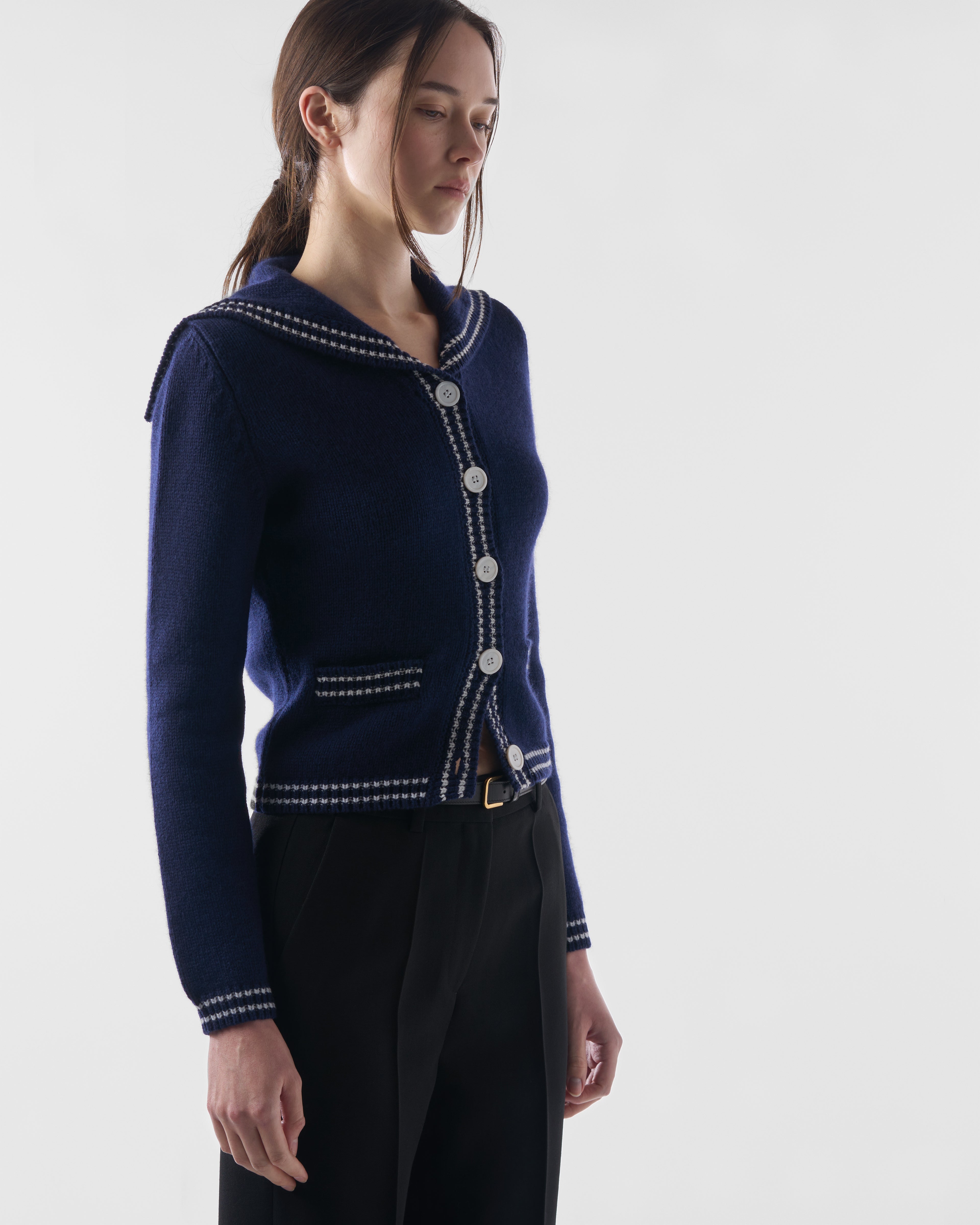 Sailor-Collar Cardigan in British Blue Lambswool
