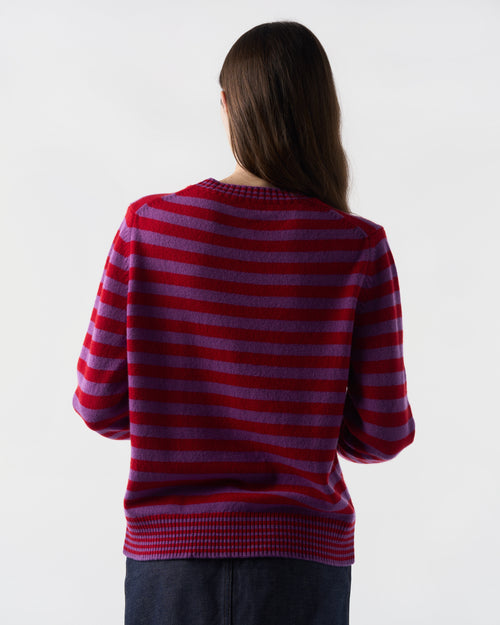 Striped Crewneck Sweater in Sari Purple and Ruby Red Lambswool