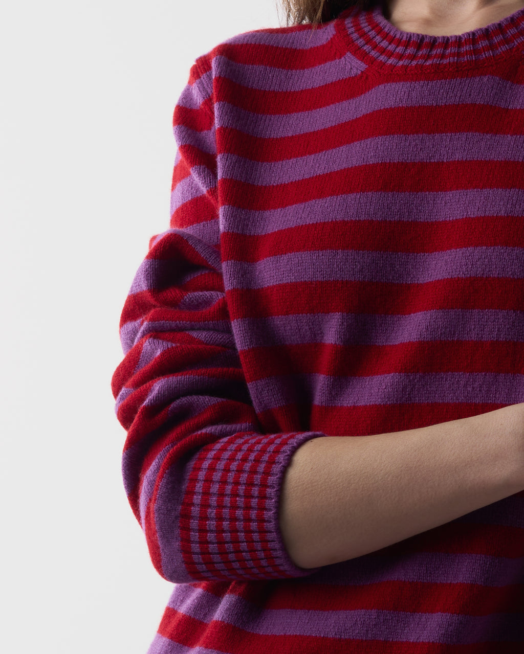 Striped Crewneck Sweater in Sari Purple and Ruby Red Lambswool