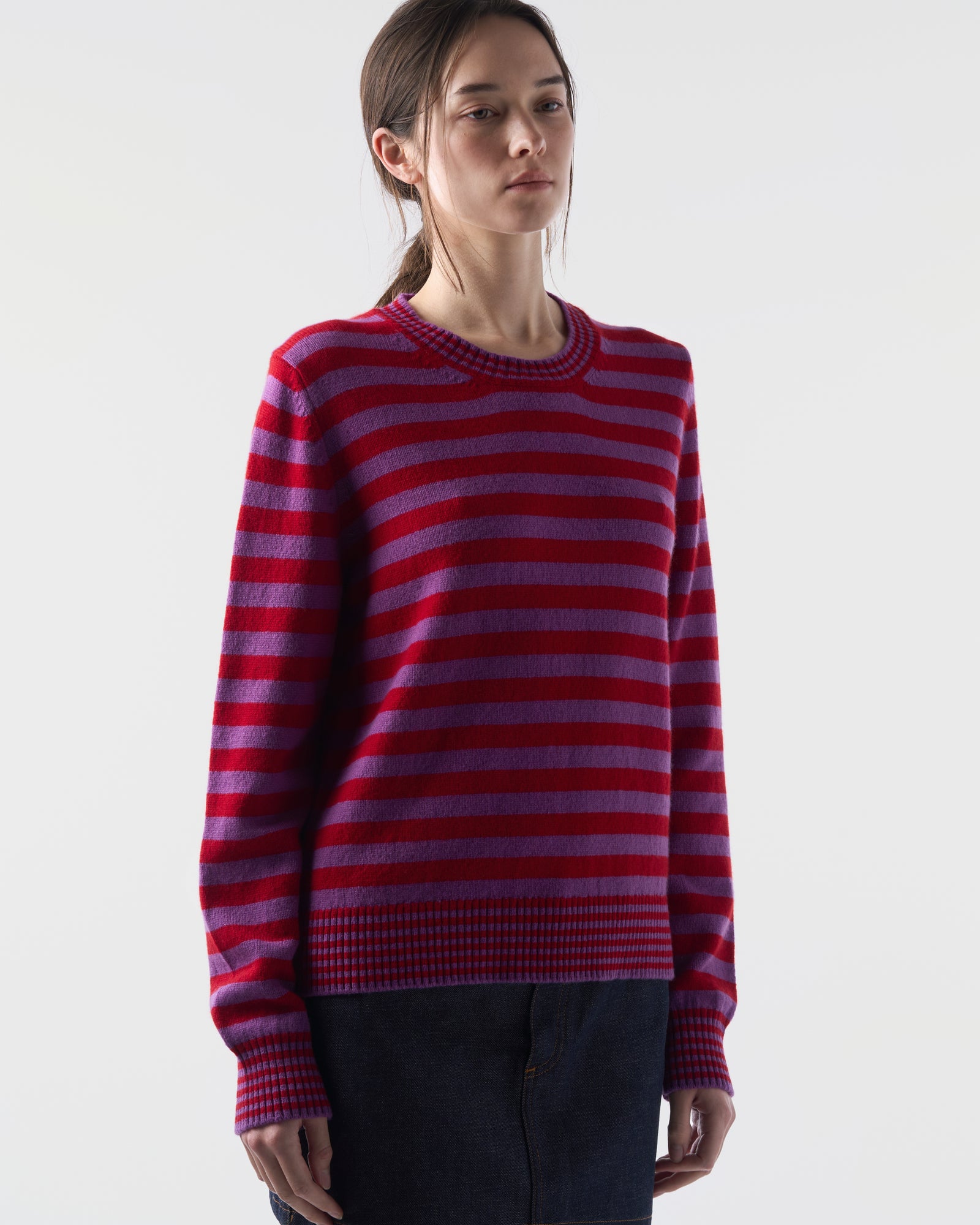 Striped Crewneck Sweater in Sari Purple and Ruby Red Lambswool